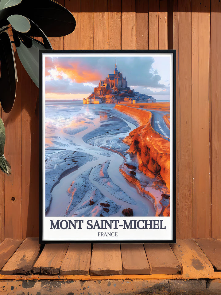 Normandy coastline The Causeway modern prints of Mont Saint Michel capturing the charm of this iconic French landmark perfect for your travel prints collection.