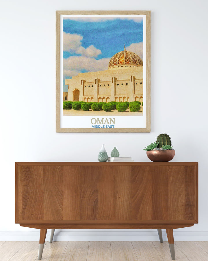 This Oman art print features the renowned Sultan Qaboos Grand Mosque, offering a glimpse into the cultural significance of Omans architecture. Ideal for Middle Eastern decor or travel inspired home designs, this poster is a unique piece of wall art.