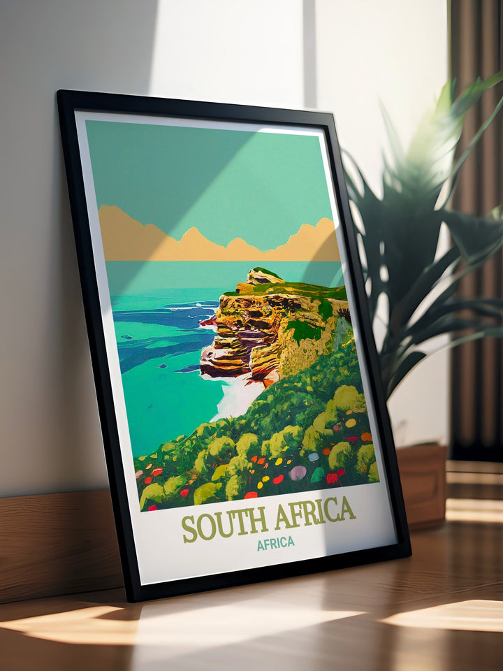 Table Mountain and Lions Head wall art featuring the grandeur and breathtaking views of these iconic landmarks. This print is perfect for adventurers and travelers, celebrating the awe inspiring natural wonders of South Africas Cape Town region.