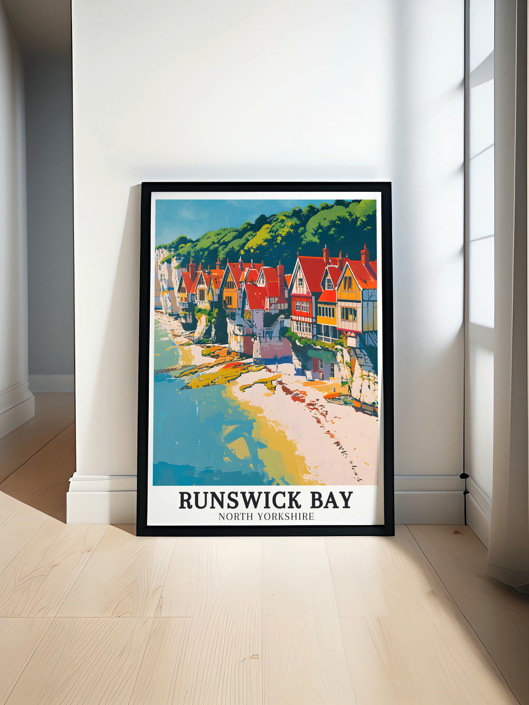 Coastal artwork featuring Runswick Bay Village and Runswick Beach Whitby perfect for elegant home decor and stunning living room decor showcasing the natural beauty of North Yorkshire with vibrant colors and intricate details in a vintage travel print style