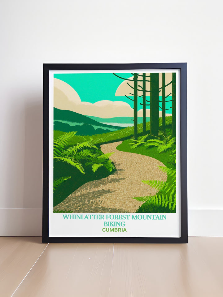 Cumbria travel poster celebrates the vast natural beauty of the Lake District, from its towering peaks to its tranquil forests. Whether youre a mountain biker or a hiker, this artwork brings the magic of Cumbrias landscapes into your home décor.