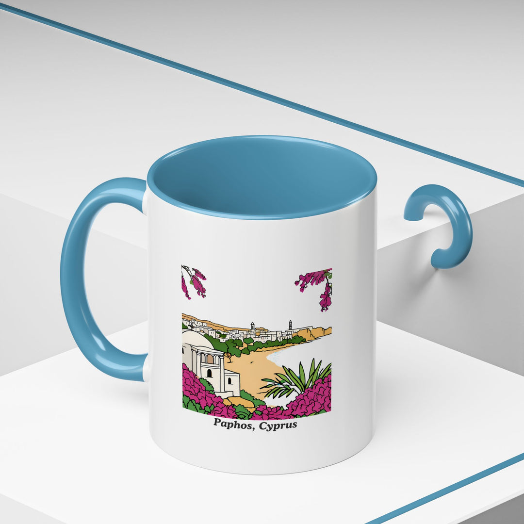 A stylish Paphos Cyprus Mug celebrating the cultural and natural beauty of Paphos with intricate designs. This dishwasher-safe ceramic mug is perfect for coffee or tea lovers and makes a great gift.