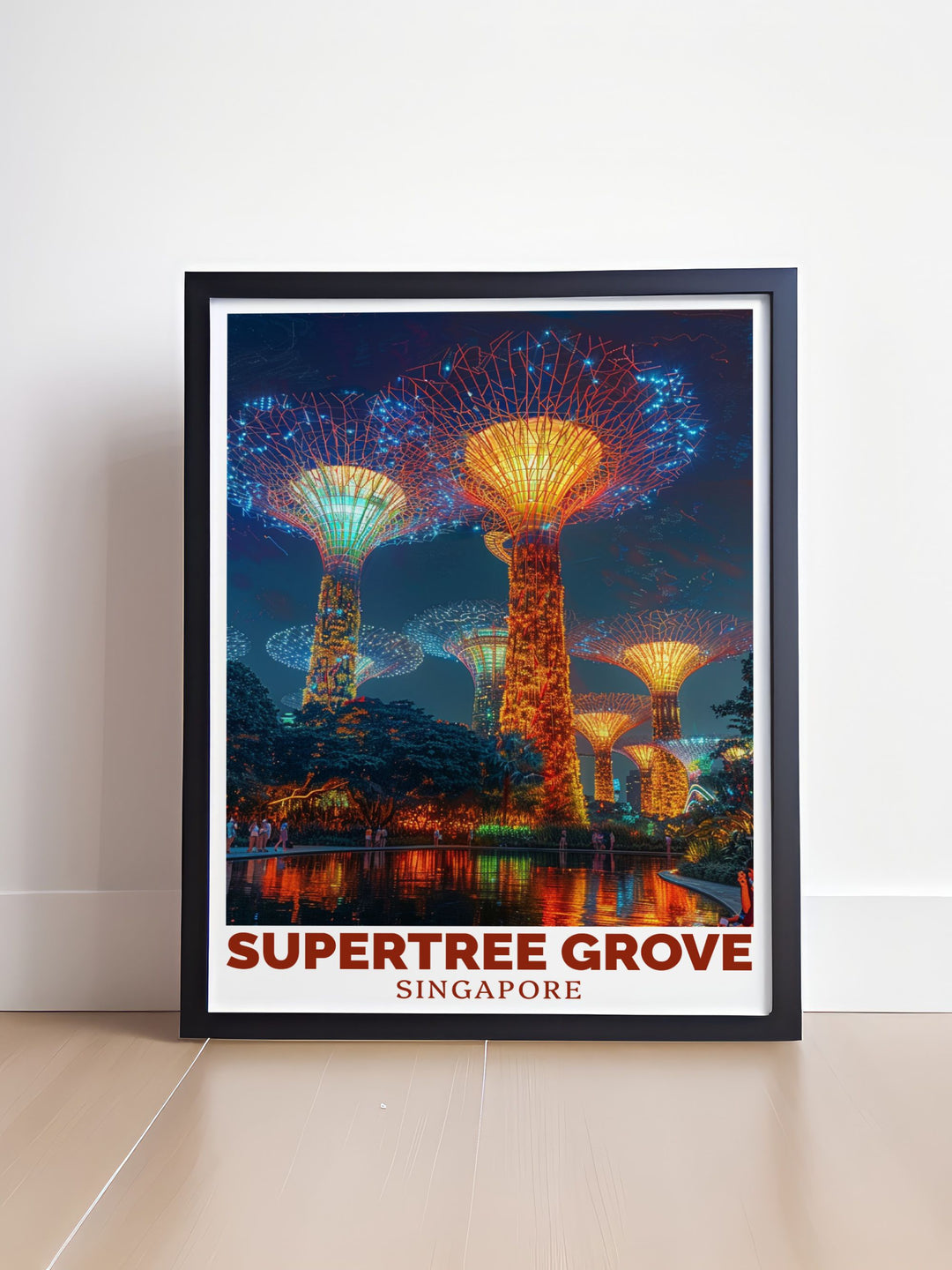 Beautiful Nighttime Supertree Grove art print showcasing Singapores futuristic skyline illuminated at night. A stunning addition to your home decor this artwork creates a captivating visual centerpiece for any room.