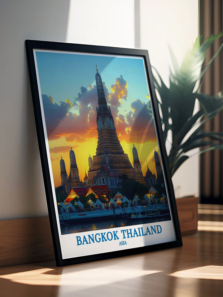 Custom print of Wat Arun at dusk, showcasing the temple illuminated against the evening sky, offering a majestic and serene view for art lovers.