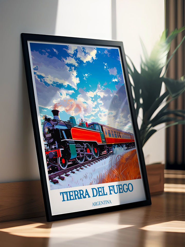 This travel poster vividly depicts the journey on the End of the World Train, with snow capped mountains and lush forests in the background.