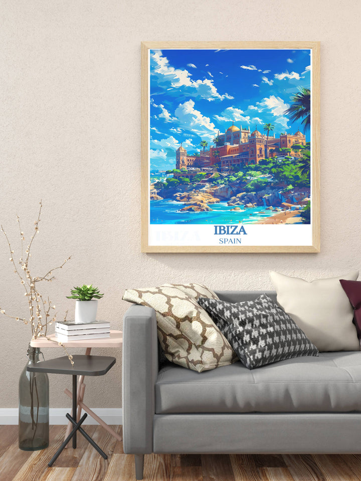 Ocean Beach Club artwork combined with the serene Cala d Hort Beach print creating a unique wall art piece that celebrates both the lively dance music art of Ibiza and the calm beauty of its coastal landscapes