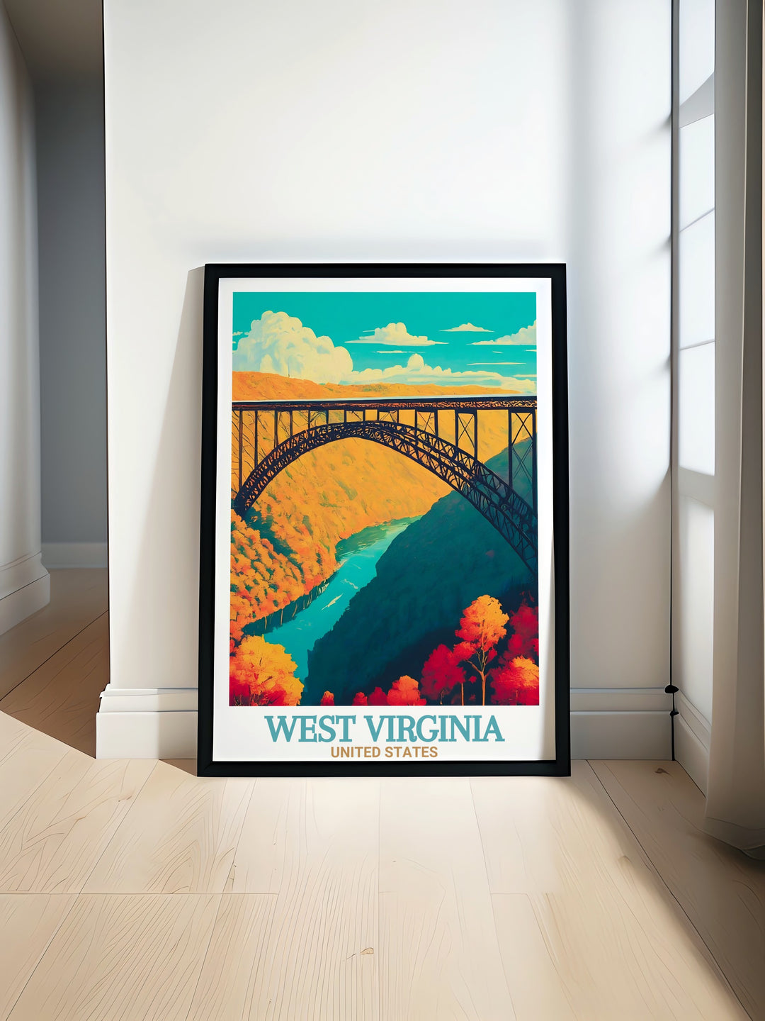 West Virginia poster print showcasing Snowshoe Ski Resort and New River Gorge Bridge with stunning views of the Appalachian Range and Allegheny Mountains perfect for adding vintage travel charm and natural beauty to your living room or home decor.