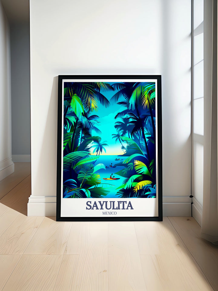 A vibrant Sayulita poster print showcasing the colorful Main Street, Sayulita Beach, and the peaceful Los Muertos Beach. This travel art captures the bohemian spirit of the town, making it the perfect addition to any coastal decor or a thoughtful gift for travel lovers.