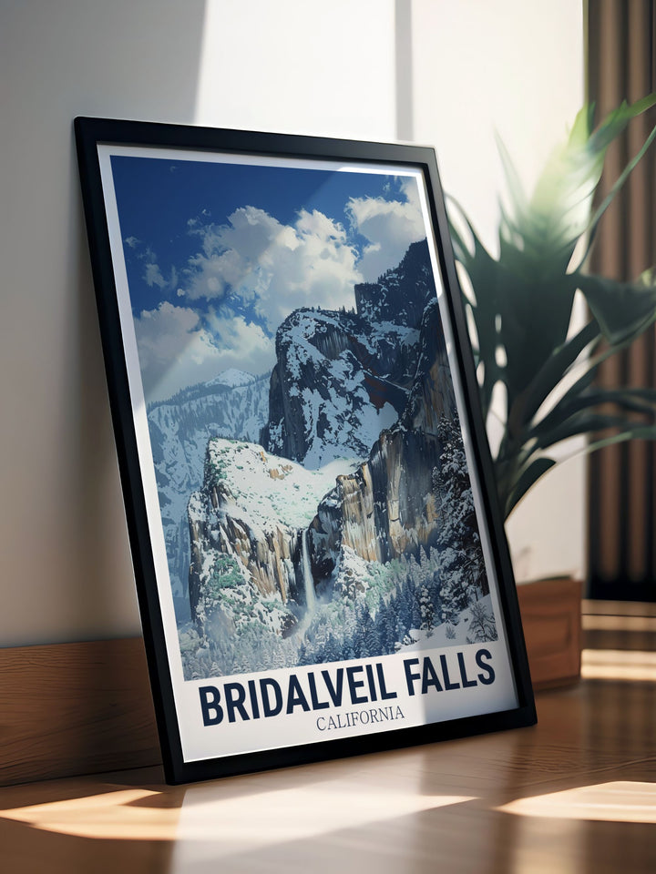 Beautiful View from winter art print featuring Bridalveil Falls in Yosemite National Park. This California artwork is perfect for adding a touch of natural beauty to your home decor. Ideal for anyone who loves California travel and wants a piece of that experience at home.