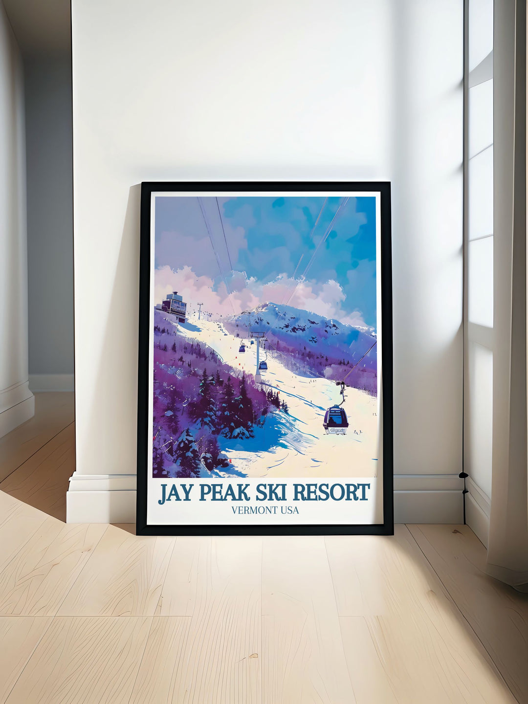 This Vermont mountains art print features the rugged beauty of Jay Peak Ski Resort and Burke Mountain, two of New Englands premier skiing destinations. Perfect for nature lovers and adventurers, this travel print brings the magic of Vermonts alpine scenery into your home.