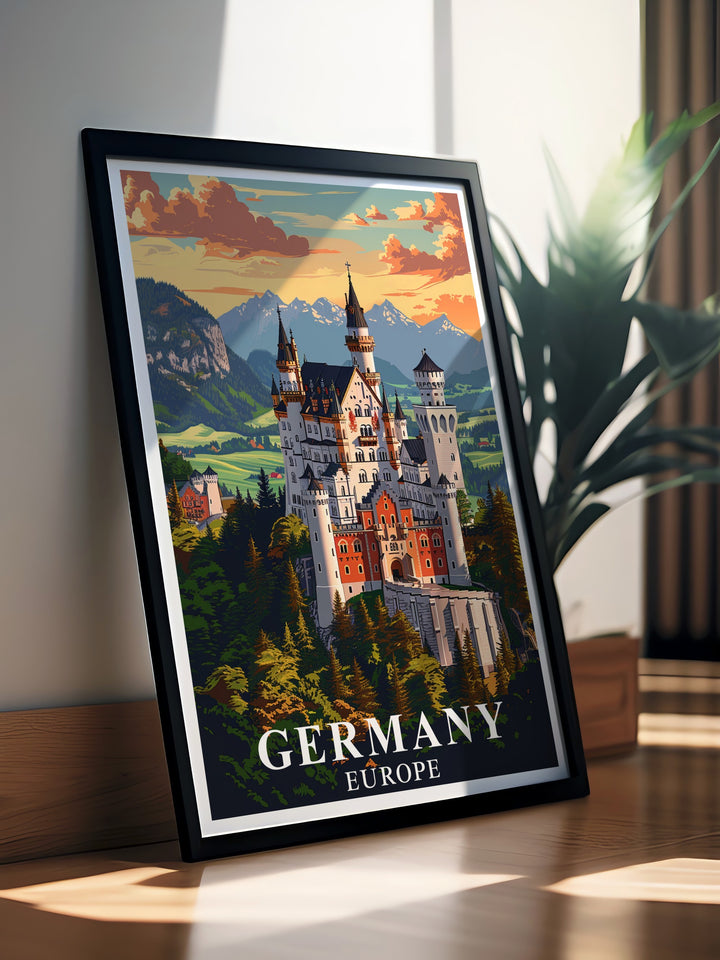 Bring a touch of European charm to your home with this poster of Neuschwanstein Castle and Berlin. Whether youre a travel enthusiast or an art lover, this Germany art print celebrates the best of both worlds.