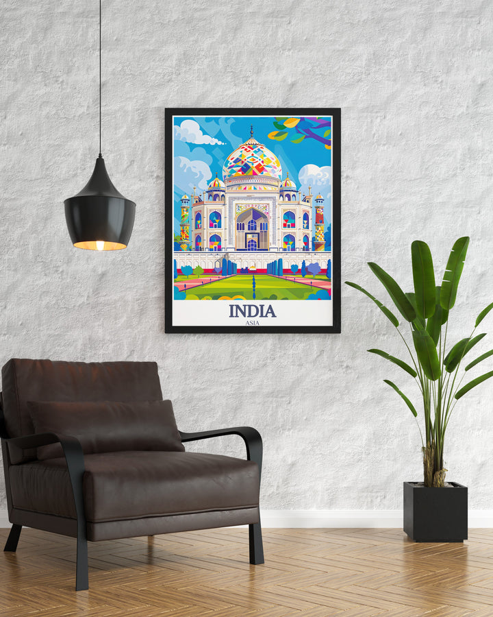 A vintage style travel poster featuring the majestic Taj Mahal. This print brings the timeless beauty of Agra, India into your living space, making it a great addition to any home decor. Ideal for history buffs and art lovers.