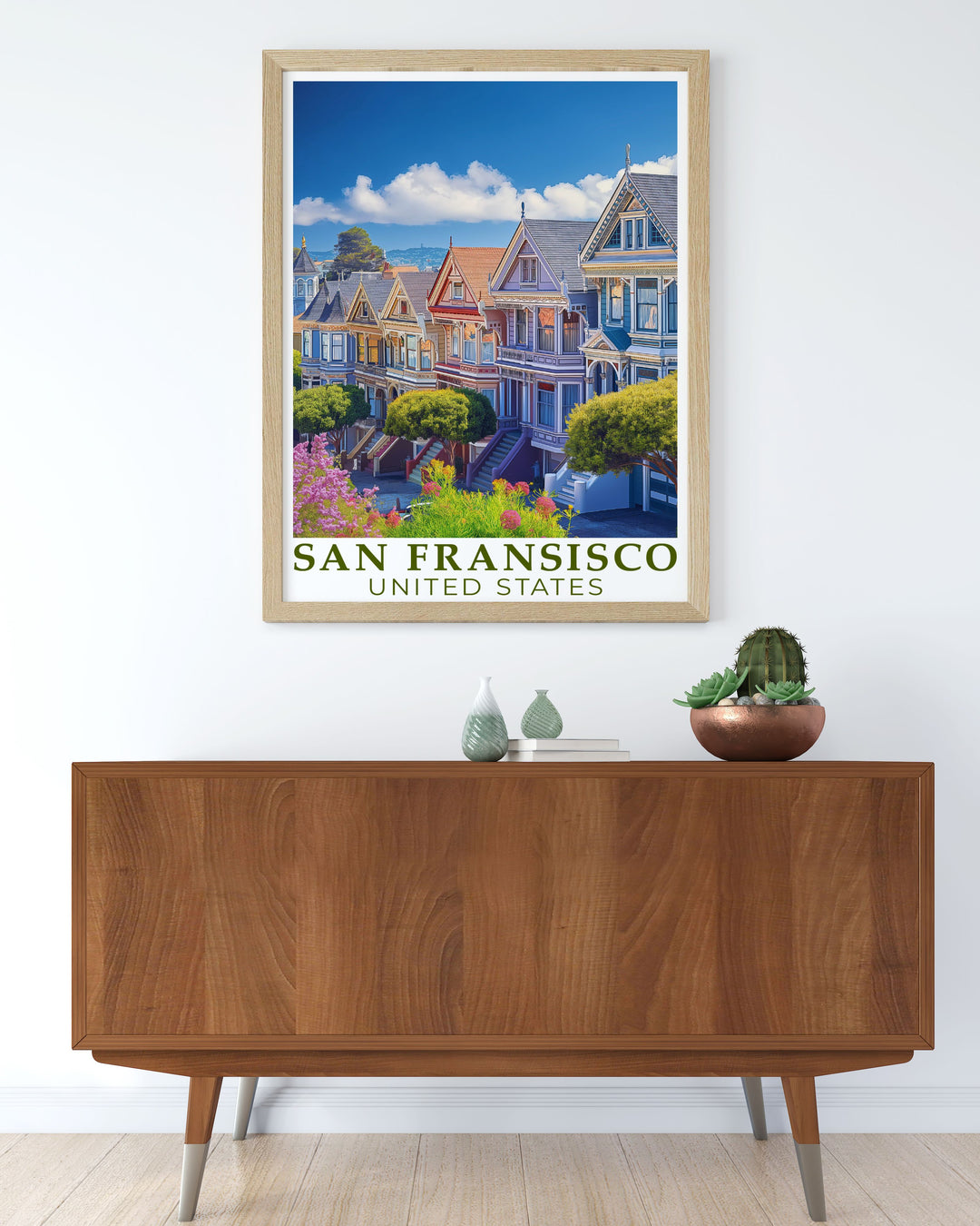 Framed print of the Golden Gate Bridge and The Painted Ladies combines the charm of Northern California with San Franciscos cultural richness a perfect wall decor piece