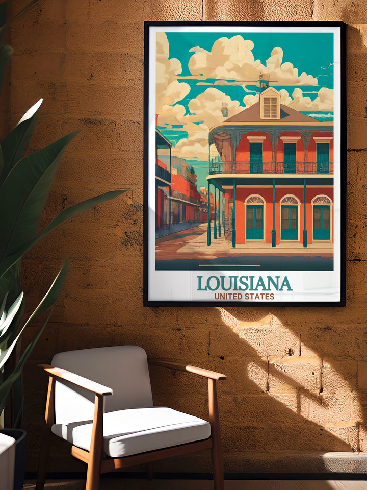 A framed art print featuring New Orleans French Quarter, known for its unique blend of French, Spanish, and Creole influences. This artwork highlights the districts historic beauty, ideal for anyone looking to add a touch of Louisiana charm to their walls.