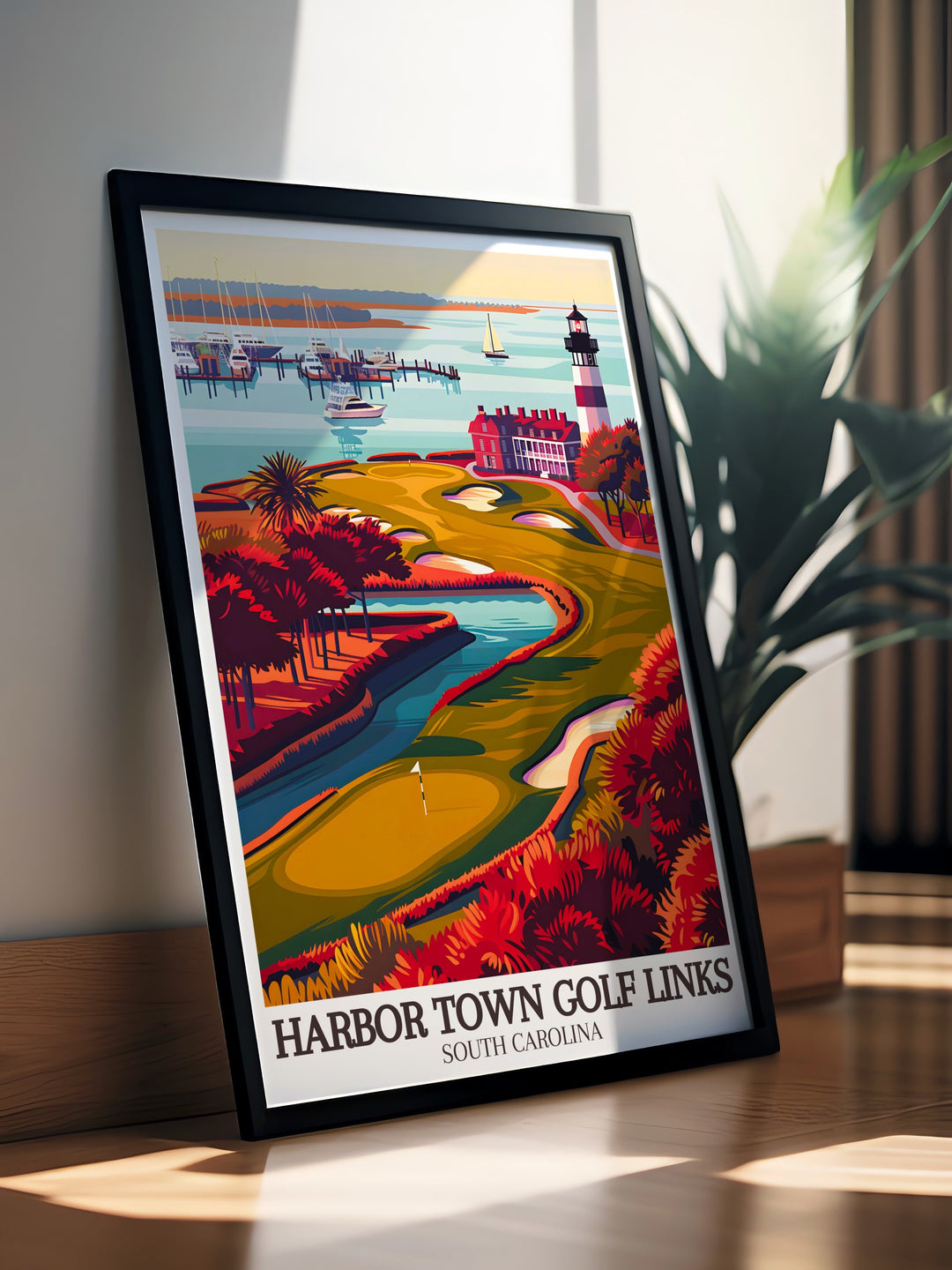 Our 18th Hole travel print showcases the beauty of Harbor Towns legendary golf course. This canvas art features the famous 18th hole and the scenic Sea Pines Resort, offering a perfect piece of décor for golf enthusiasts and travelers alike.