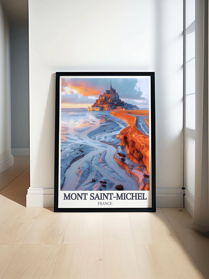 Mont Saint Michel print showcasing the stunning Normandy coastline The Causeway perfect for adding elegance to your home decor with vibrant colors and intricate details.