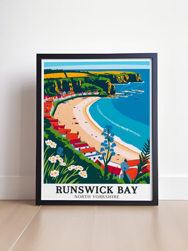 Whitby poster showcasing the beauty of the Cleveland Way Runswick an exquisite piece of coastal artwork perfect for living room décor and a thoughtful gift for those who love the sea and countryside capturing the charm of North Yorkshire in a vintage travel print style