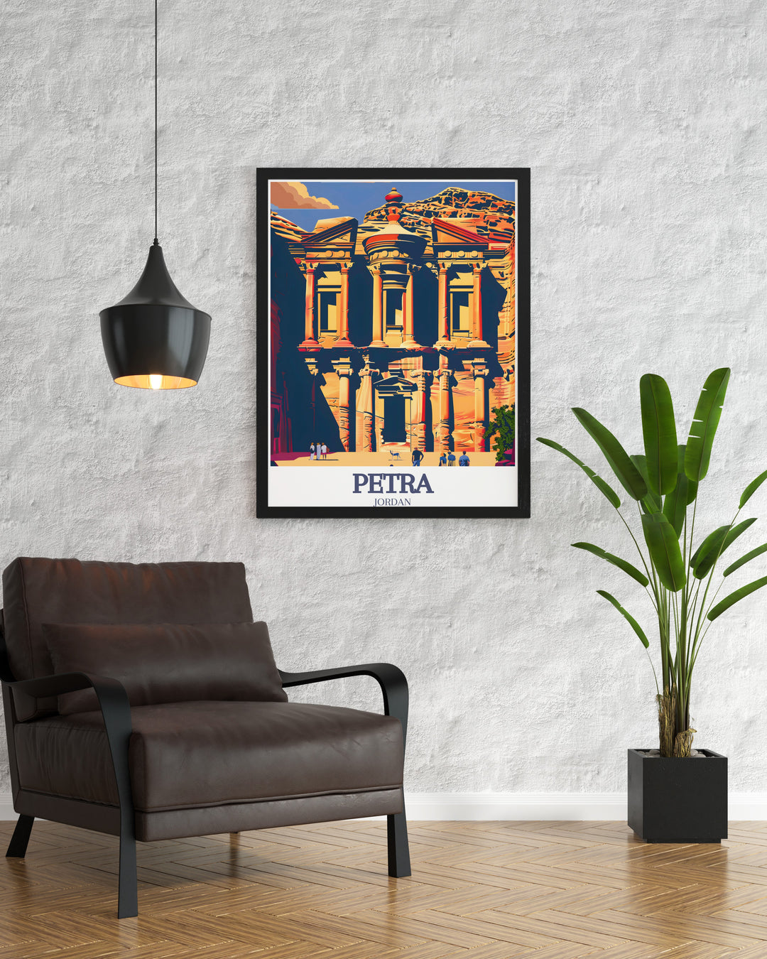 Petra Wall Poster featuring the intricate carvings of Ad Deir Monastery and the narrow, winding Siq that leads into the heart of the ancient city. This travel poster captures the awe inspiring beauty of Jordans famous archaeological site.