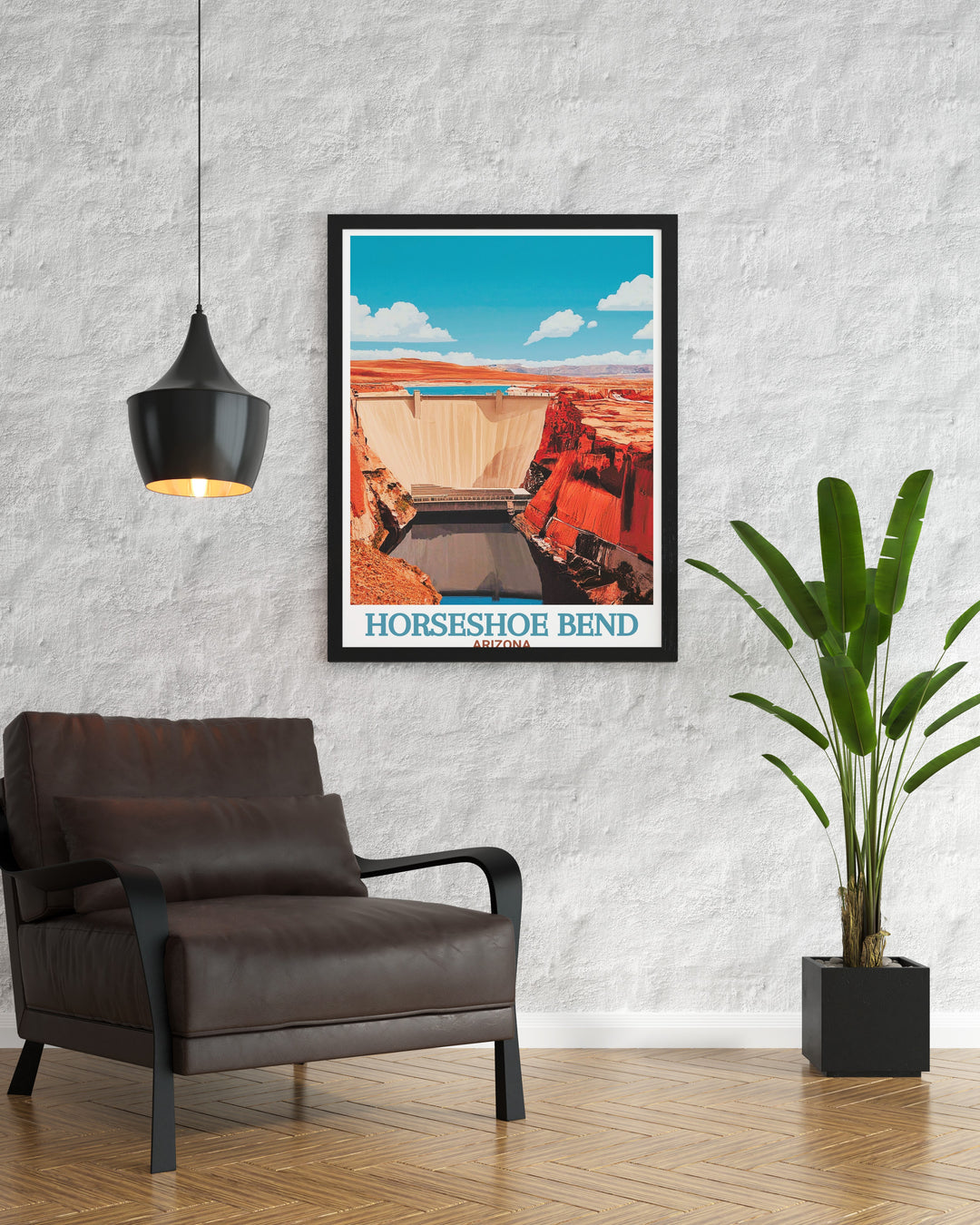 This canvas art showcases Arizonas most famous landmarks, Horseshoe Bend and Glen Canyon Dam, in vivid detail, bringing the essence of the Grand Canyon area into your living space.