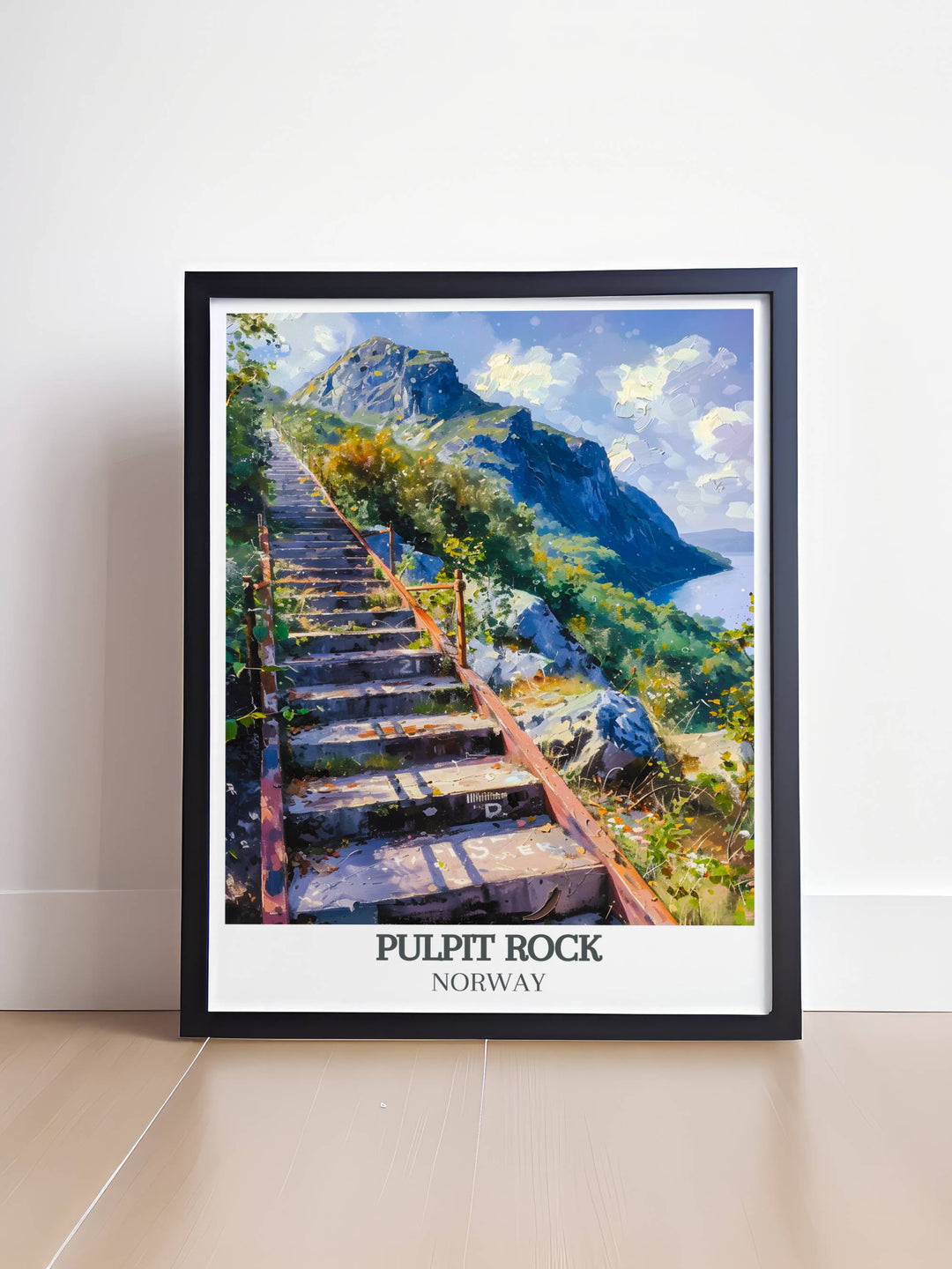 Vintage travel print of Pulpit Rock Norway with Florlitrappene modern art in framed prints ideal for adding a touch of sophistication to any living space