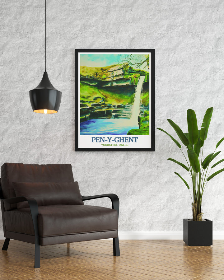 Hull Pot art print featuring the enchanting limestone chasm of Hull Pot and the majestic Pen Y Ghent. This detailed artwork highlights the unique geological formations and serene landscape, ideal for adding a touch of nature to any room.