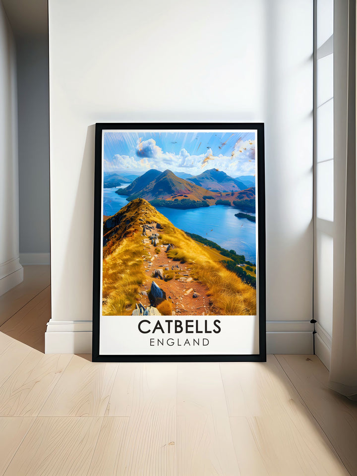 Catbells Summit art print showcasing the stunning Lake District landscape with vibrant colors and intricate details perfect for adding a touch of natural beauty to any room in your home or as a unique gift for nature lovers and adventure seekers