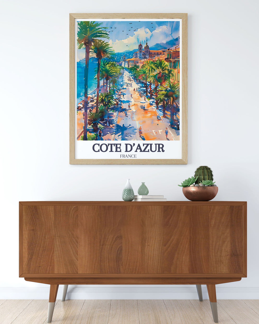 Feel the elegance of the French Riviera with this travel poster featuring the Promenade des Anglais, capturing the serene beauty of Nices famous waterfront boulevard.