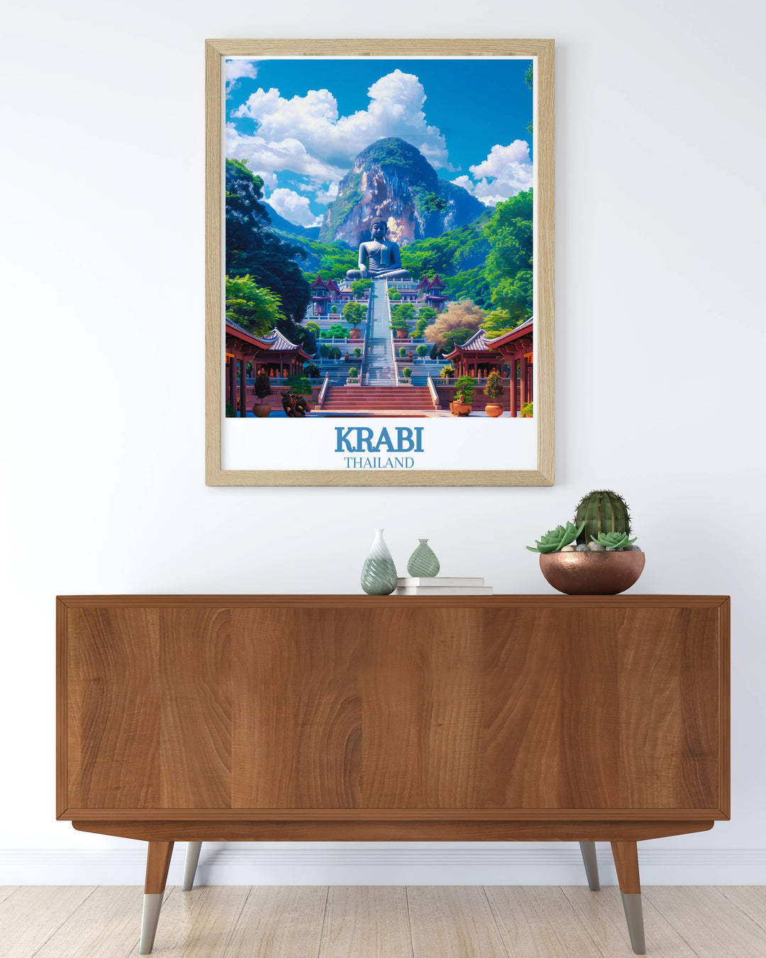 Enhance your living space with the breathtaking scenery of Krabi Island and Tiger Cave Temple depicted in this exquisite wall art print featuring tranquil beaches and mystical temple views perfect for any room and a wonderful Thailand travel gift.