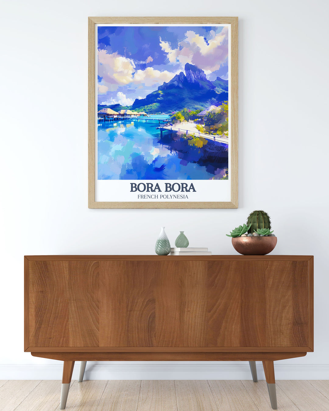 Retro travel poster of Mount Otemanu Matira Beach highlighting the picturesque scenery of Bora Bora island this artwork is perfect for wall art enthusiasts seeking a unique and captivating piece to enhance their home decor and evoke a sense of nostalgia.