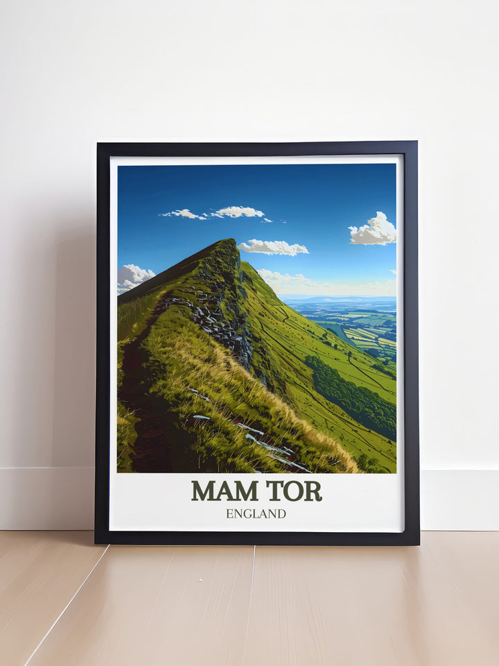 Framed print of Mam Tor summit featuring the Great Ridge and Hollins Cross capturing the majestic beauty of Peak District with detailed illustrations perfect for elegant home decor or as a thoughtful gift