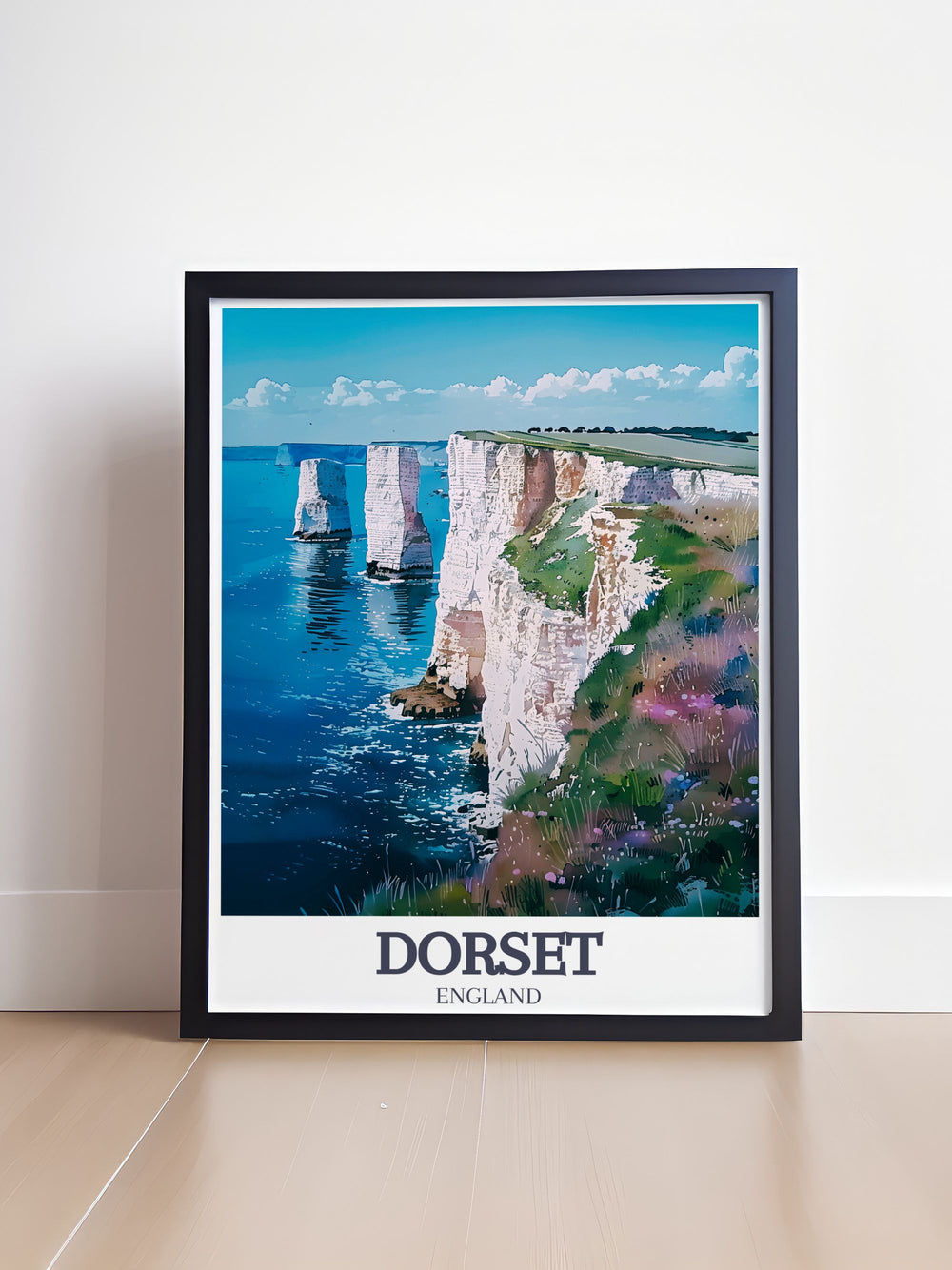 Featuring Old Harry Rocks, this art print showcases the iconic chalk formations and their historical significance, perfect for nature enthusiasts and history lovers.
