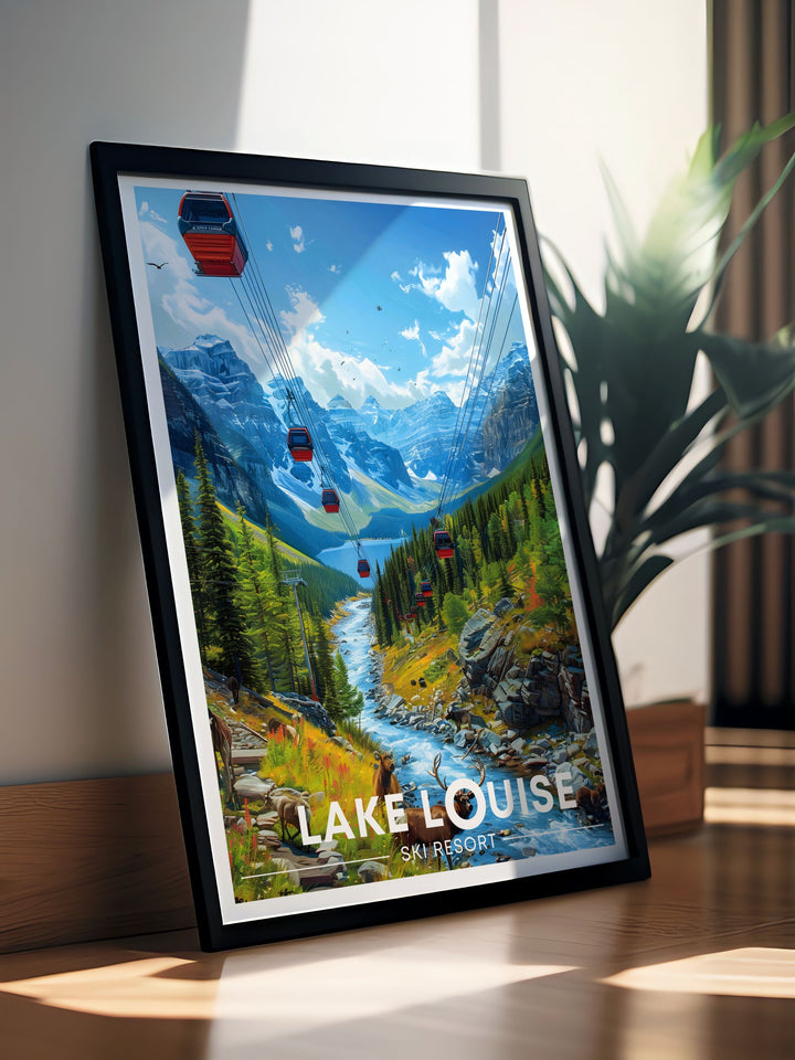 A vibrant travel poster featuring the Lake Louise Gondola, capturing the breathtaking views and dynamic landscape of Banff National Park, perfect for nature lovers.