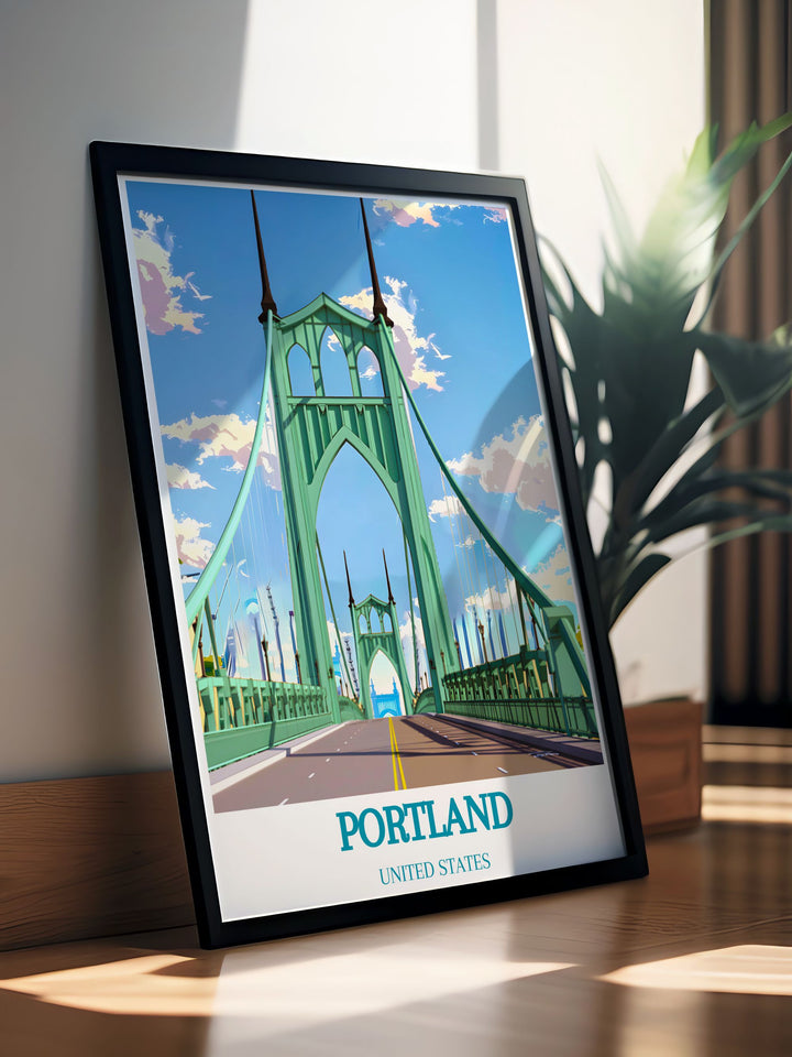 Elegant St. Johns Bridge framed print capturing the grandeur of Portland Oregons iconic bridge with fine line and botanical garden design ideal for stylish home decoration