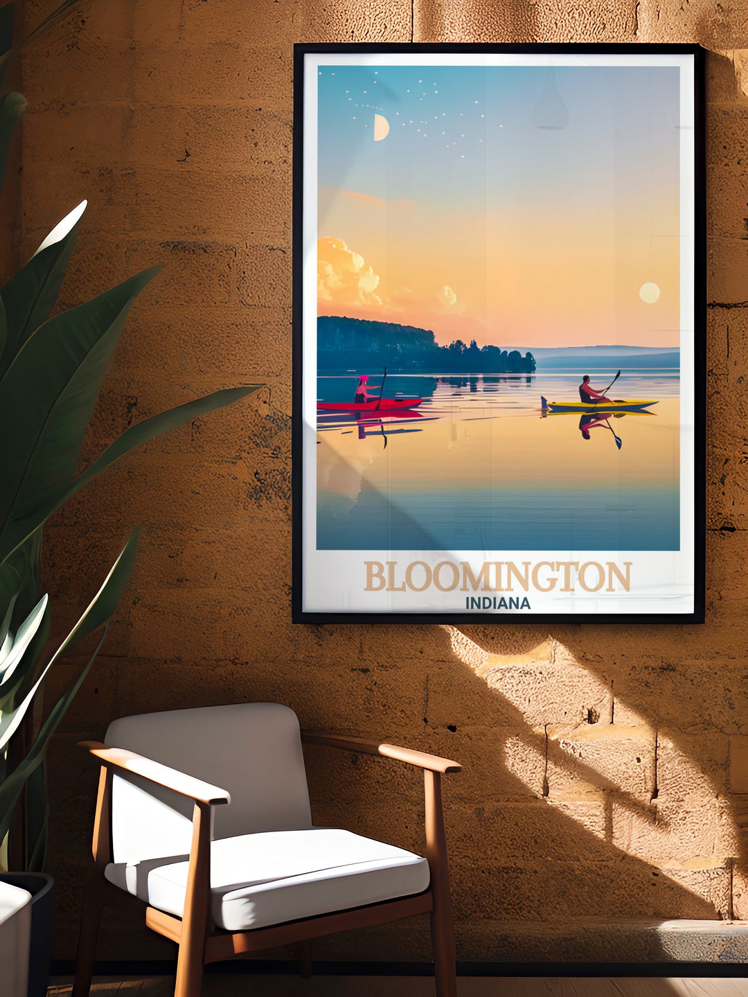 Bloomington Indiana Lake Monroe prints designed to elevate any space with a combination of Bloomington City Map and Skyline adding a modern twist to the vintage feel suitable for various decor styles