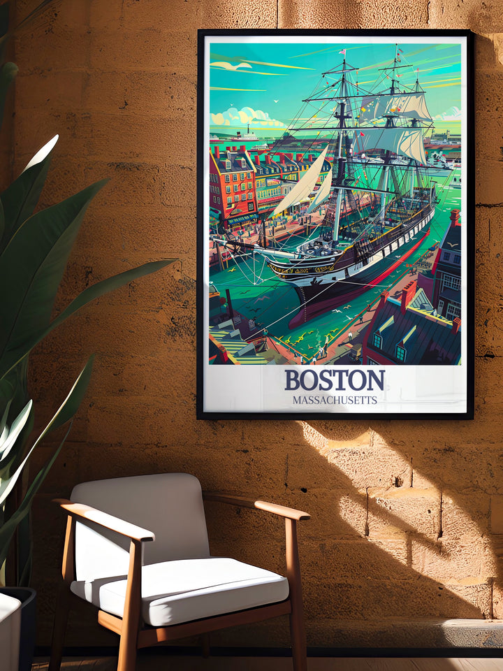 Boston Poster captures the essence of the citys naval history with the USS Constitution as it sails through Boston Harbor. This travel print blends historical depth with scenic beauty, making it a must have for anyone who admires Bostons rich heritage.