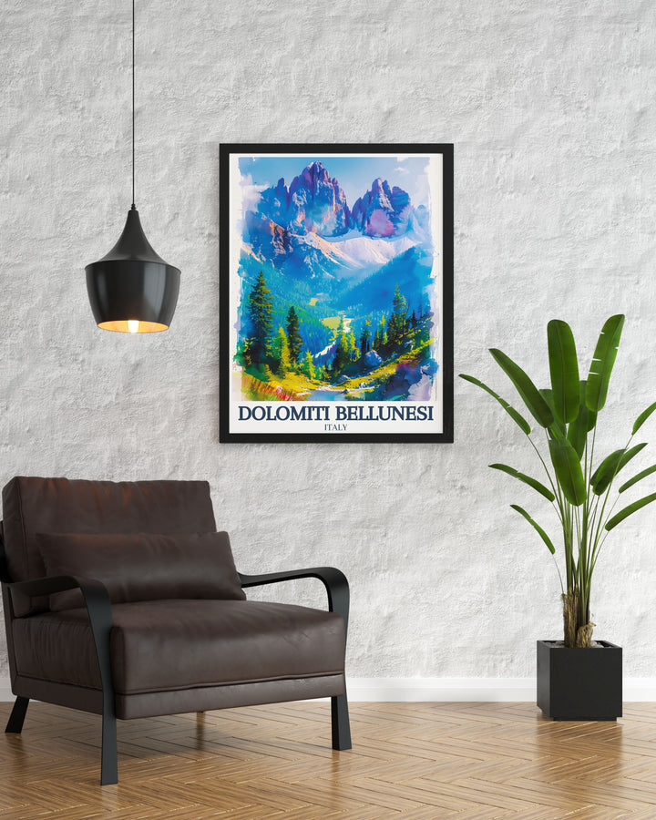 Italy travel poster highlighting the majestic peaks of the Dolomite range bringing the essence of Italys most picturesque national park into your home decor.