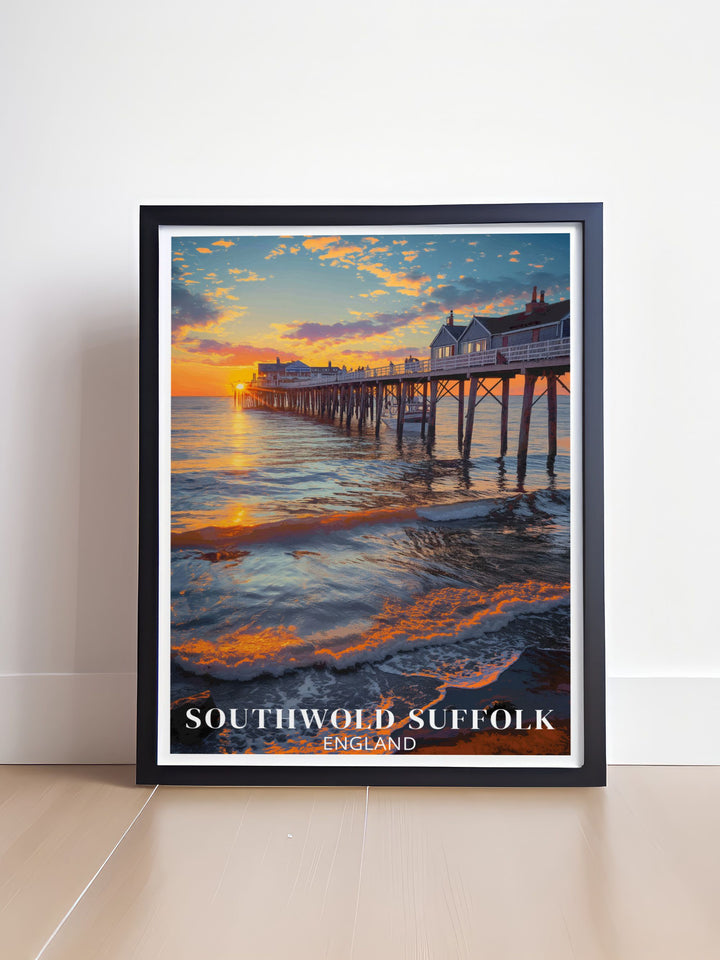 Framed Print of Southwold showcasing the Southwold Lighthouse along with colorful beach huts and the iconic Pier ideal for bringing the serene and vibrant spirit of this charming seaside town into your living space or office