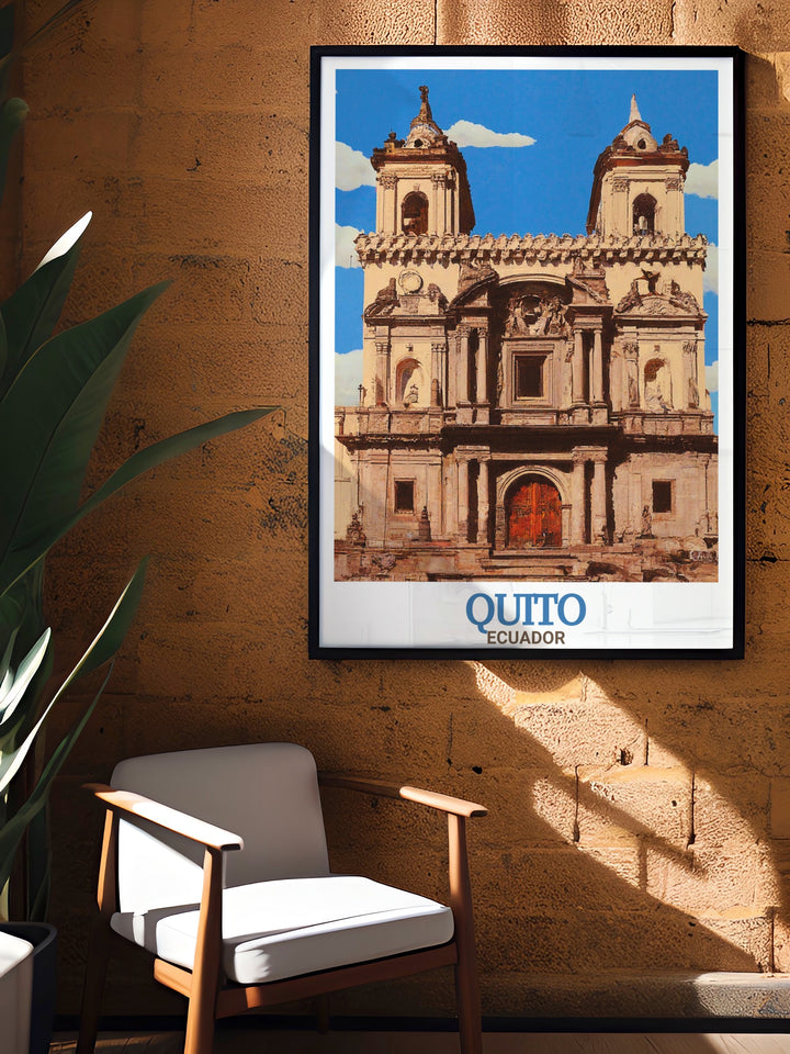 La Compañía de Jesús Wall Poster capturing the beauty of Quitos historic church with its gold laden interiors and intricate carvings. This Ecuador travel print is perfect for those who love architecture and cultural art.