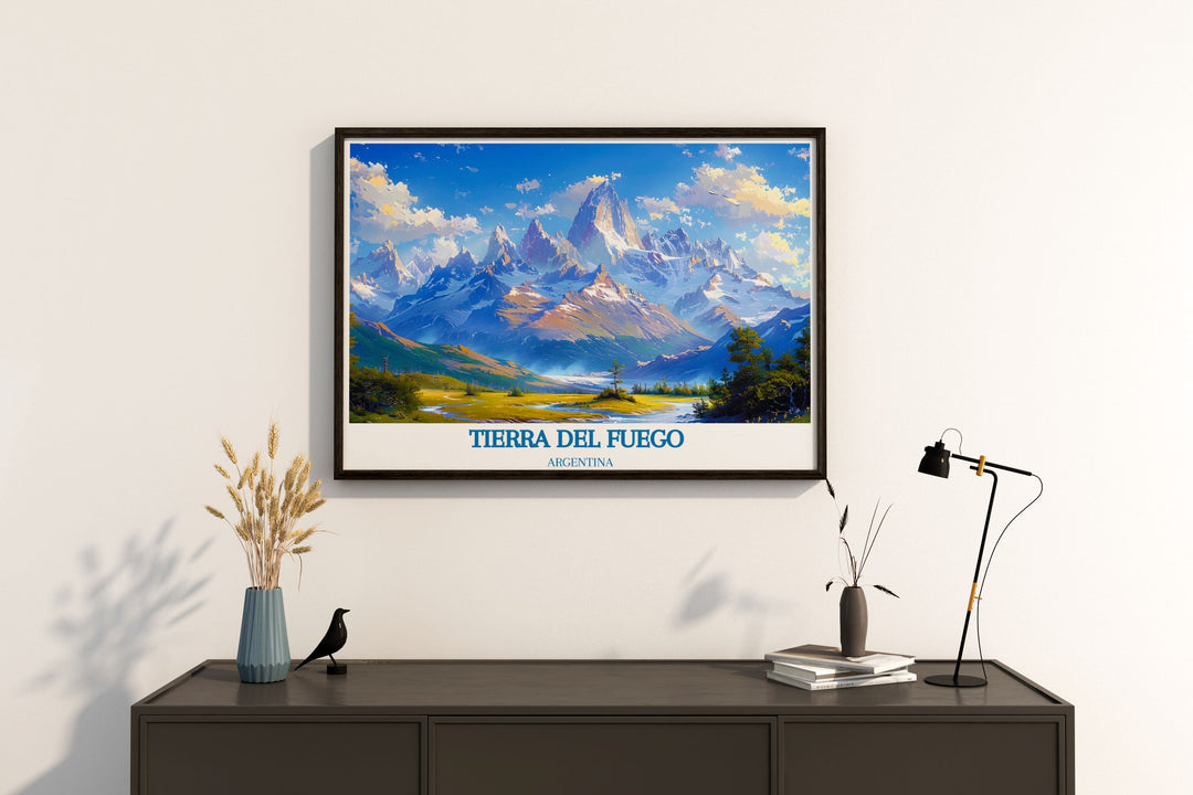 Delve into the wild beauty of Tierra del Fuego with this travel poster, showcasing the regions stunning landscapes and vibrant colors.
