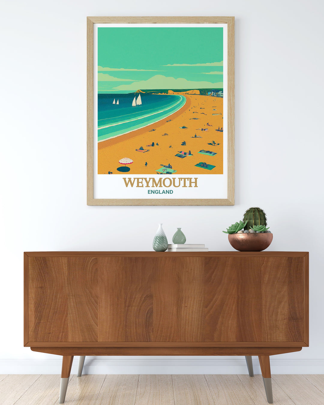 Weymouth Beach scenic print depicting the iconic Georgian seafront and bustling harbor. This print brings the lively and joyful essence of Weymouth Beach into your home, perfect for beach lovers and travelers.