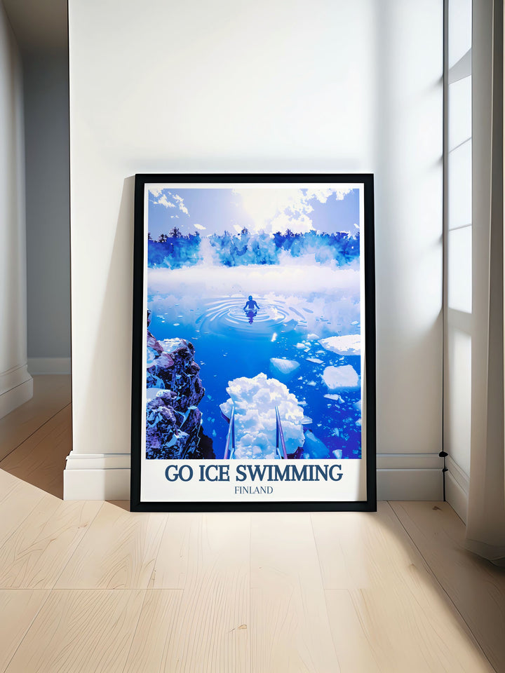 Vintage poster of swimmers in Lake Inari, celebrating the timeless appeal and serene beauty of one of Finlands most cherished lakes, perfect for nostalgic and nature themed decor.
