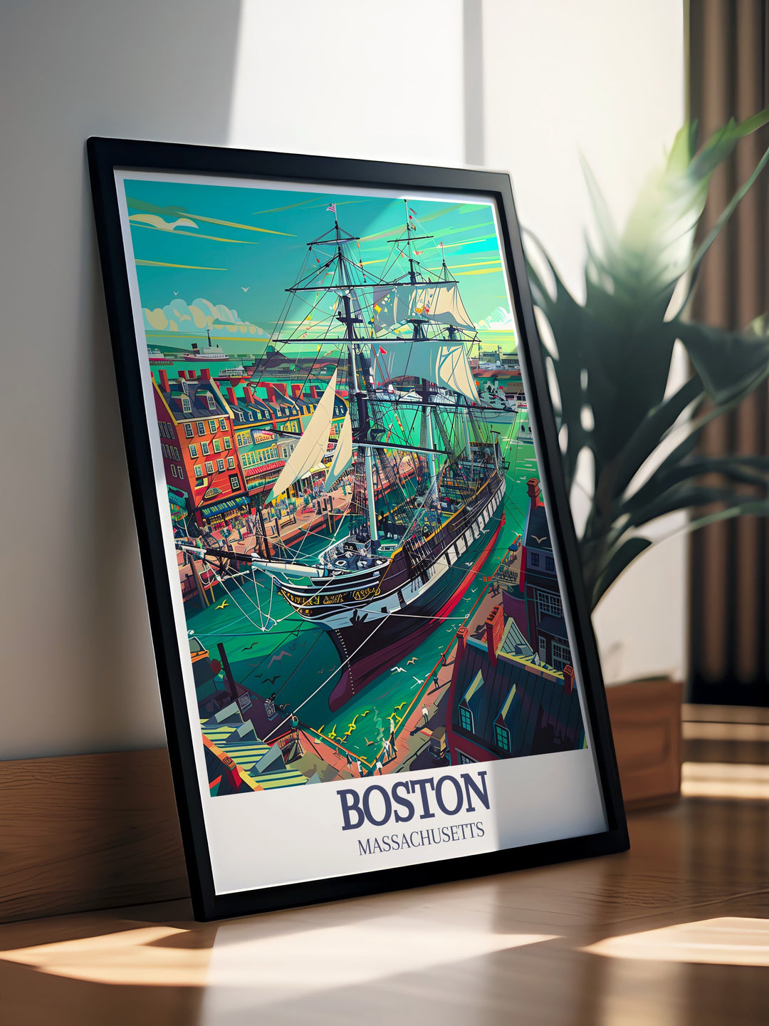 Boston Canvas Art presents a vibrant view of the USS Constitution and Boston Harbor, showcasing the ships historical importance and the harbors modern day appeal. This art print is perfect for adding a touch of Bostons nautical charm to your home.