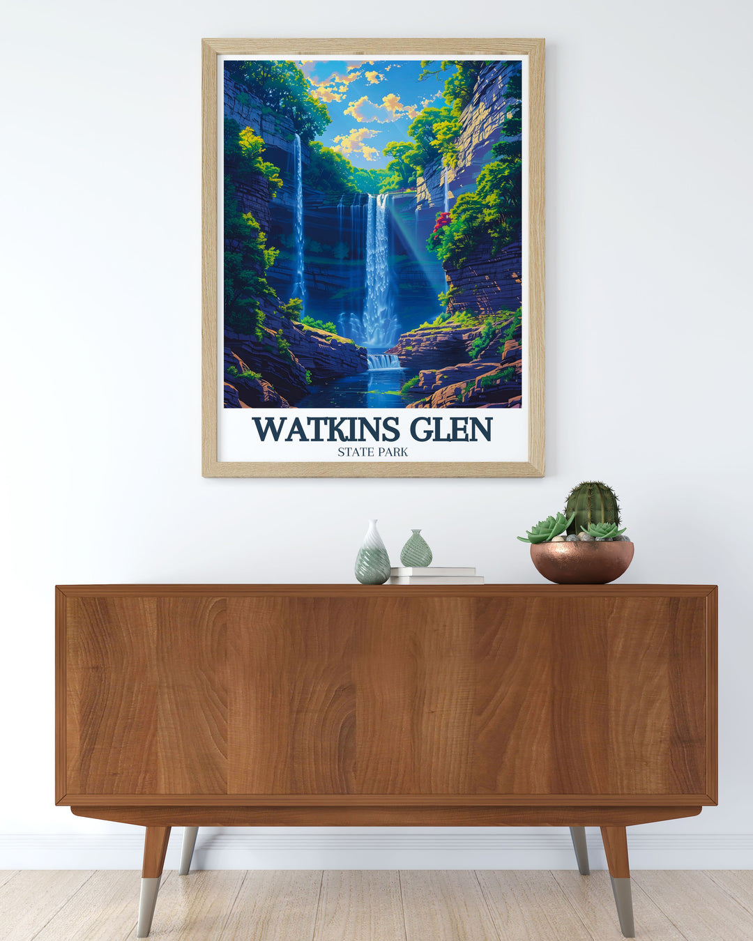 The geological formations of Watkins Glen State Park are showcased in this stunning print, highlighting the parks awe inspiring rock formations and historical significance. Perfect for nature lovers and history enthusiasts, this artwork captures the essence of one of New Yorks most beloved parks, making it a timeless addition to any art collection or home decor.