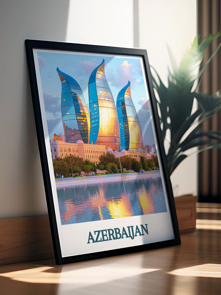 Add elegance to your home with this Flame Towers stunning living room decor featuring Bakus skyline this Azerbaijan travel print highlights the beauty of the Flame Towers an architectural wonder that stands as a symbol of modern Azerbaijan perfect for art lovers