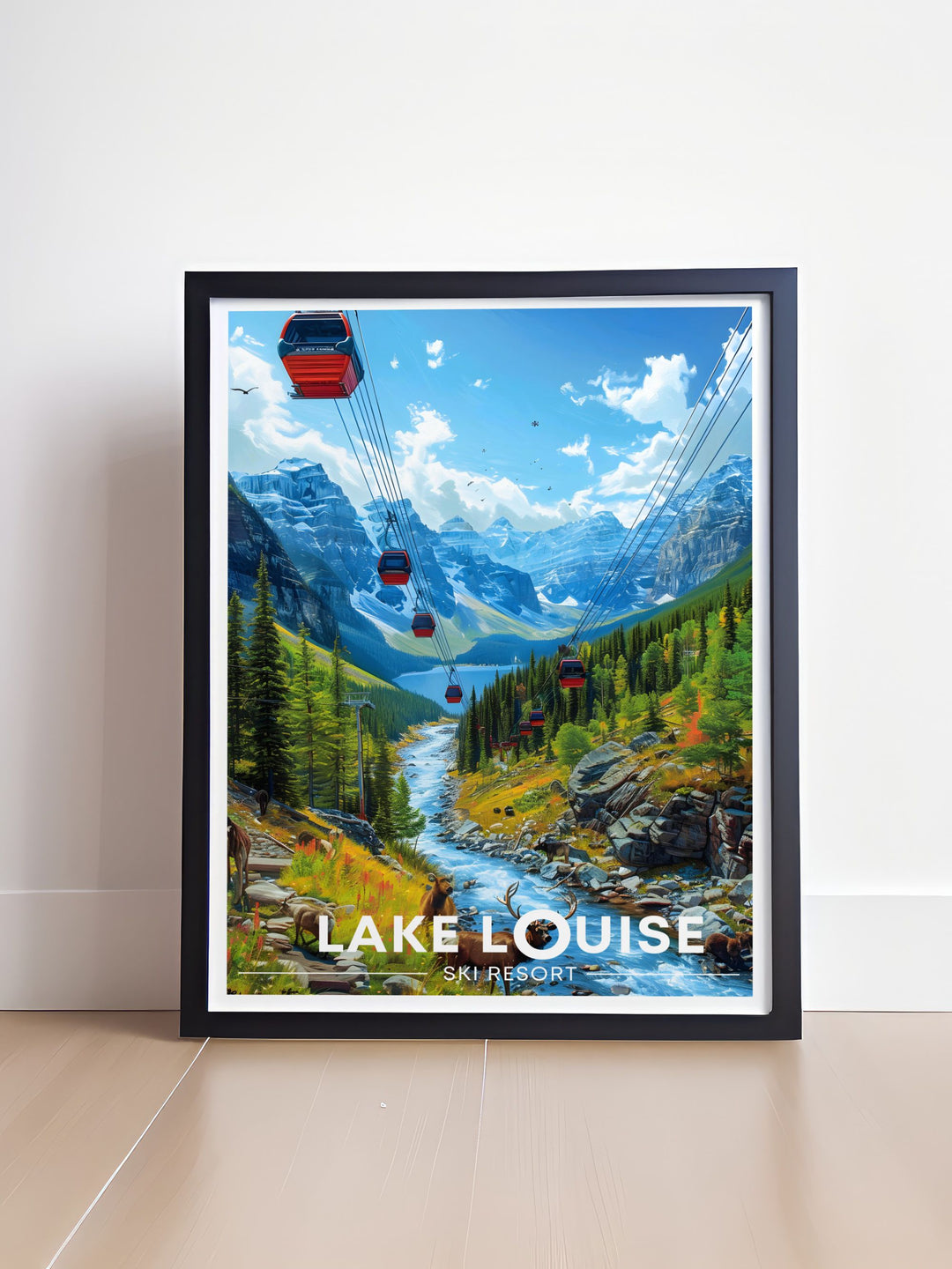 An illustration highlighting the scenic ride on the Lake Louise Gondola, showcasing the majestic peaks and vibrant colors of the Canadian Rockies, perfect for your wall decor.