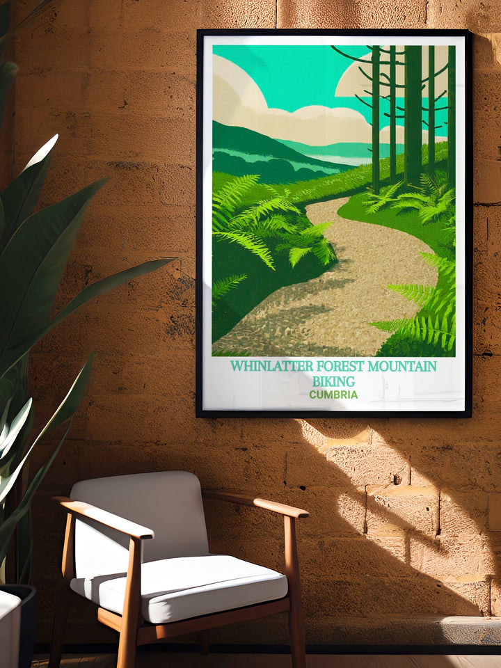 Altura Trail travel print highlights one of the most exciting mountain biking trails in the UK, located in Whinlatter Forest. This artwork captures the challenging climbs and exhilarating descents, making it the perfect piece for biking lovers and those who appreciate outdoor sports.