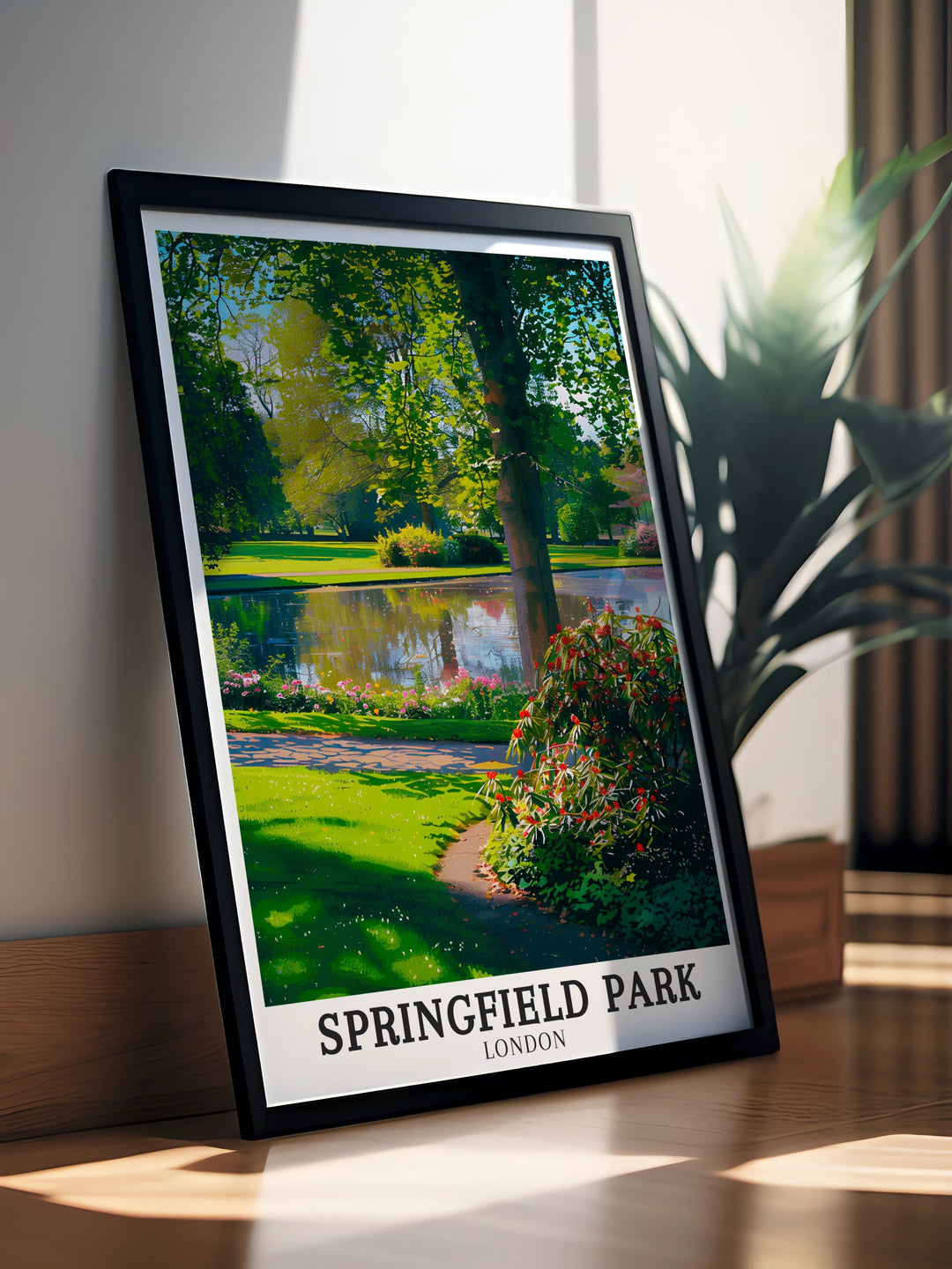 Hackney Poster with a stunning depiction of Springfield Park along the River Lea and The Pond Upper Clapton an elegant framed print option for those who love London parks and want to bring nature inspired art into their home or office decor collection.