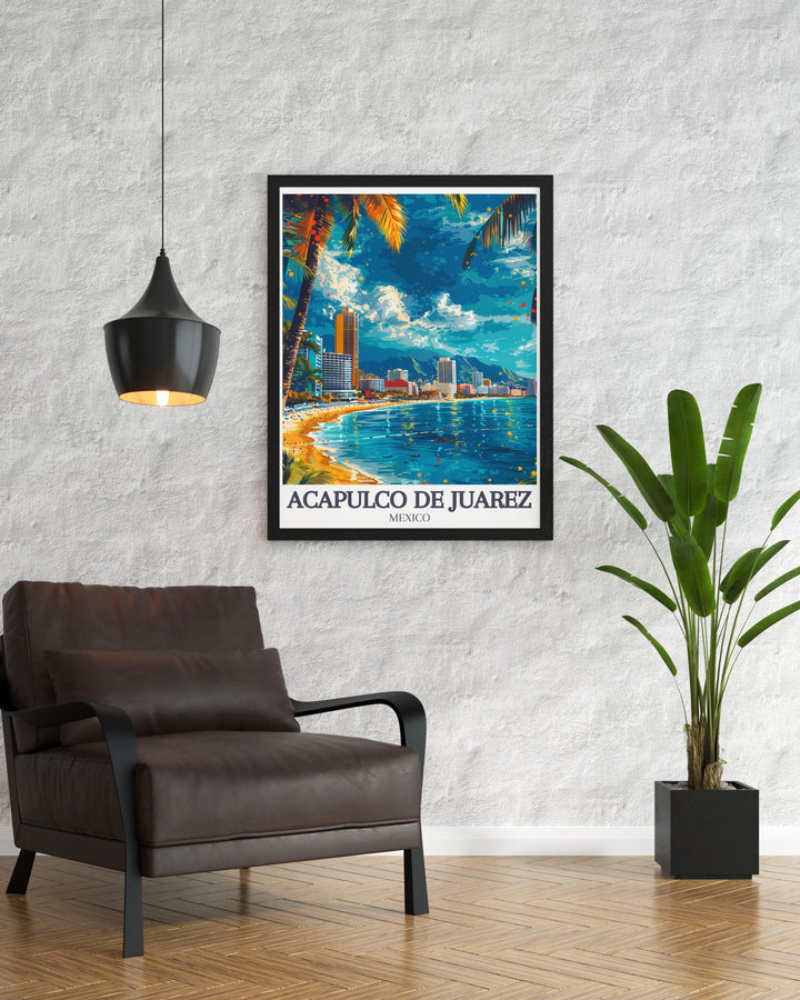 Experience the lively atmosphere and natural splendor of Playa Condesa in Acapulco de Juárez with this colorful art print.