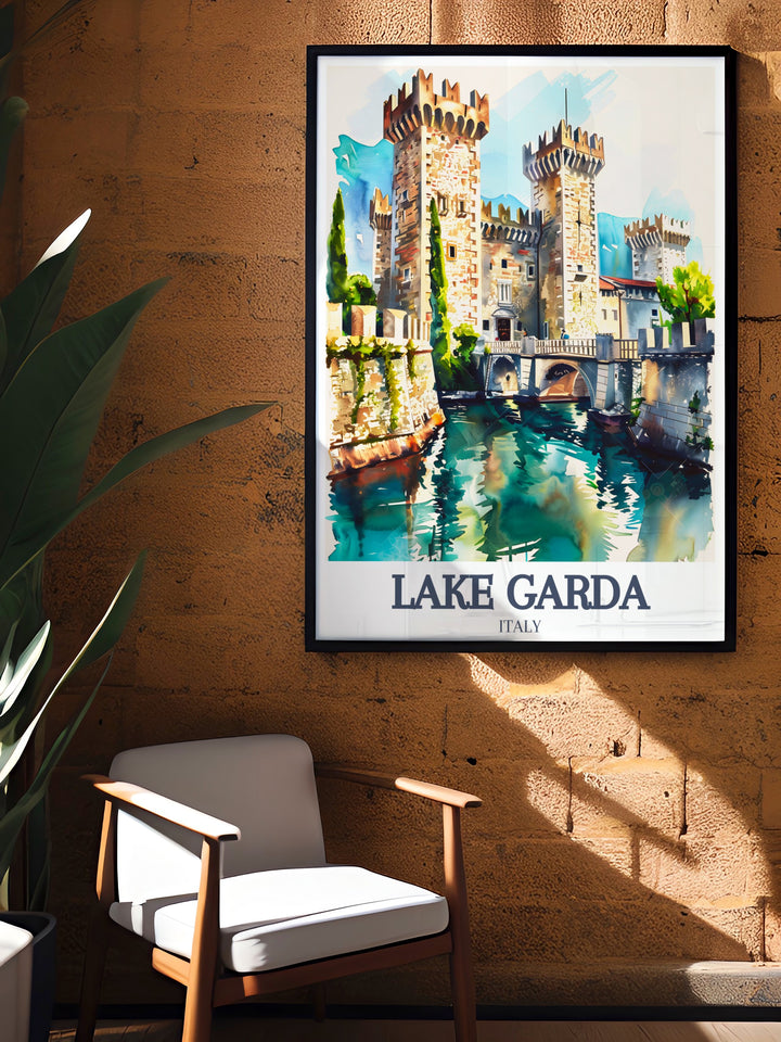 Beautiful Lake Garda poster print featuring Scaliger Castle and Isola del Garda designed for Italy wall decor lovers. This Italy poster is perfect for gifts for her or him bringing the elegance of Italy into any room with its vibrant colors and detail.