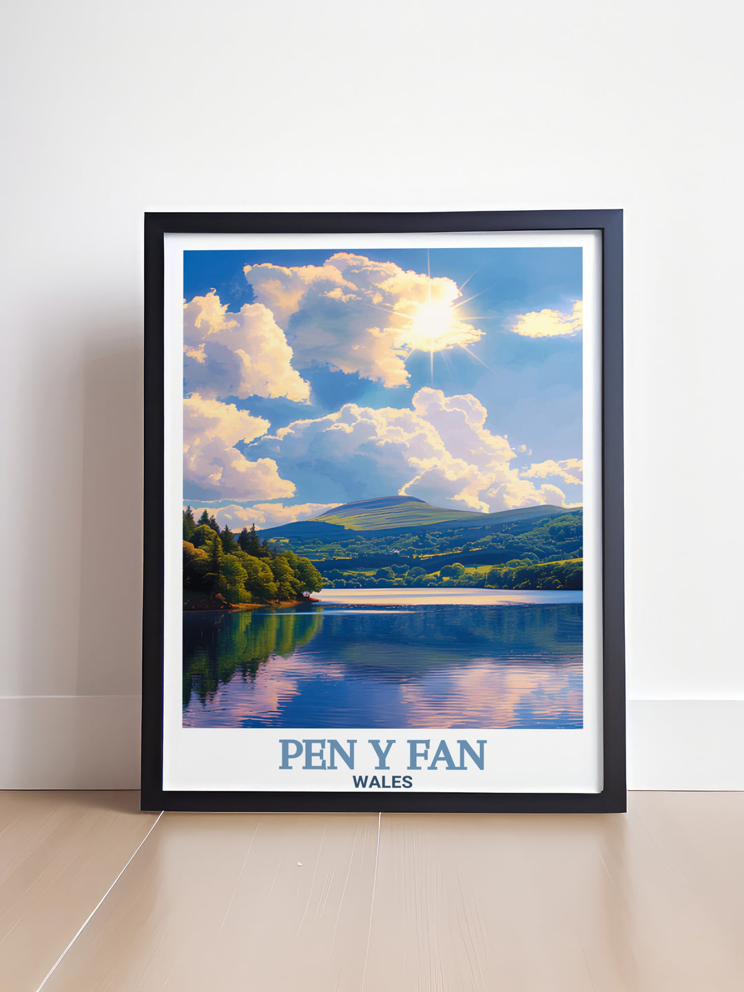 Pontsticill Reservoir Travel Print showcasing the tranquil waters of the reservoir with the majestic Pen y Fan in the background. This canvas art highlights the beauty of Wales landscapes, making it an ideal addition to any nature lovers decor.